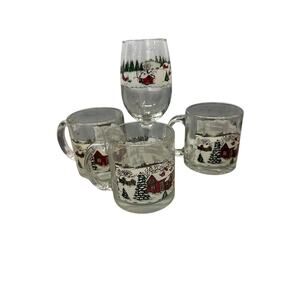 3 mugs 1 wine Vintage Libbey Currier and Ives Christmas Glass Mugs Winter Snow